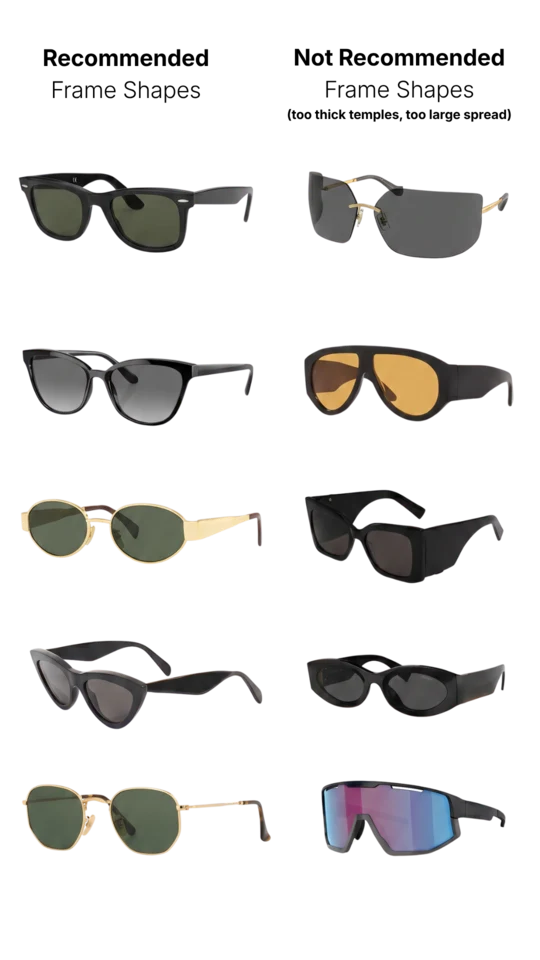 Recommended frame shapes: wayfarers, cat-eyes, aviators, and round or rectangular metal frames. Not recommended: rimless, oversized chunky, and wraparound sport frames — their temples are too thick or their spread too large for the cover to grip.